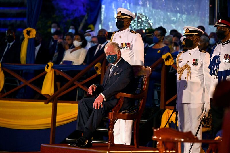 Prince Charles, Prince of Wales, attends the presidential inauguration ceremony at Heroes Square in Bridgetown, Barbados. AFP