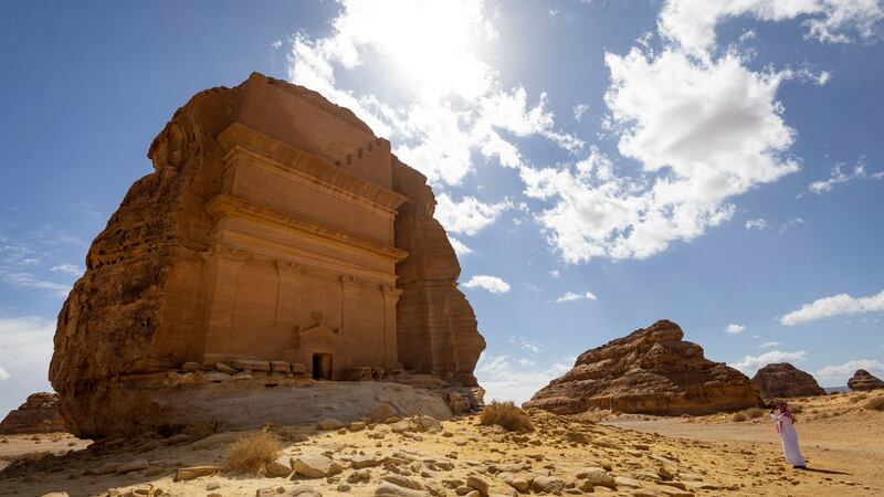 Ancient Nabatean-carved tomb at the archaeological site of Hegra in AlUla. AFP