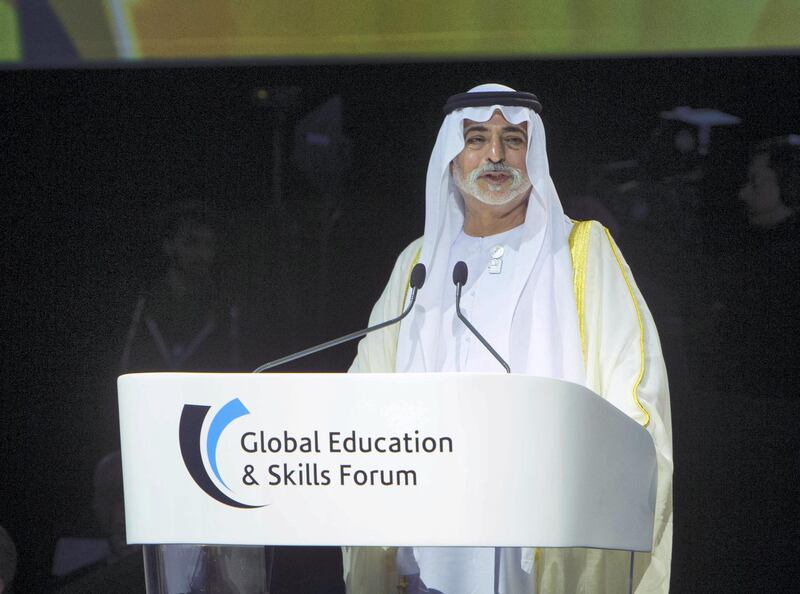 DUBAI, UNITED ARAB EMIRATES - Sheikh Nahyan bin Mubarak, Minister of Tolerance, speaking at the Global Education and Skills Forum 2019 at Atlantis, The Palm.  Leslie Pableo for The National