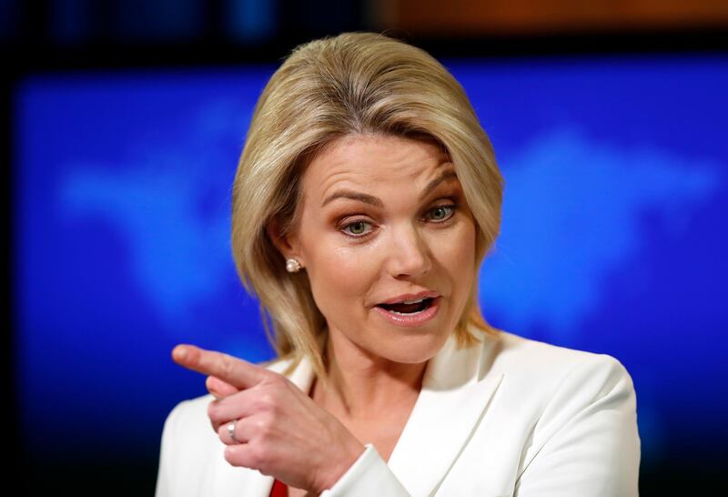 FILE - In this Aug. 9, 2017, file photo, State Department spokeswoman Heather Nauert speaks during a briefing at the State Department in Washington. Trump announced Friday he's nominating State Department spokeswoman Heather Nauert to be the next U.S. ambassador to the United Nations.  (AP Photo/Alex Brandon, File)