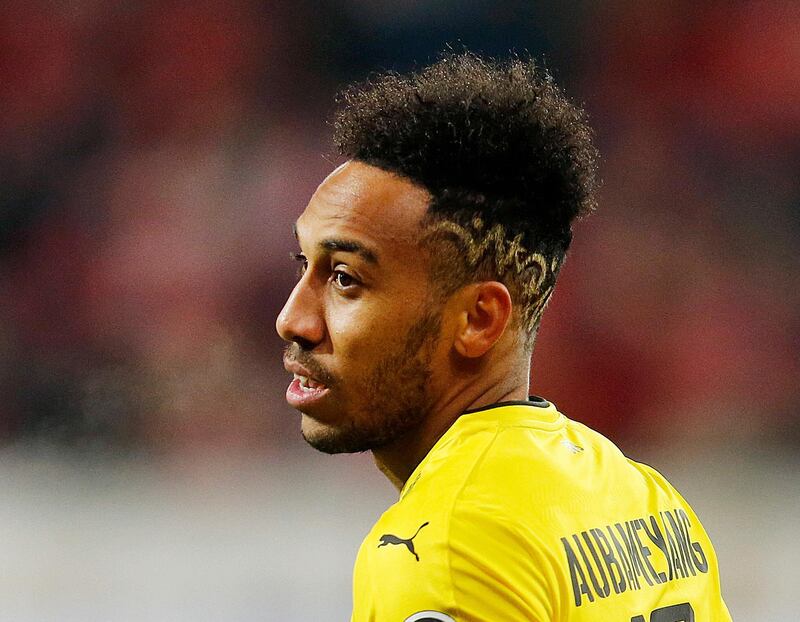 FILE - In this Dec. 12, 2017 file photo Dortmund's Pierre-Emerick Aubameyang looks on during a German first division Bundesliga soccer match between FSV Mainz 05 and Borussia Dortmund in Mainz, Germany. (AP Photo/Michael Probst, file)