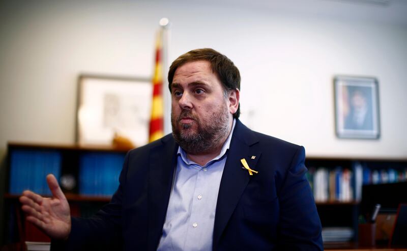 Catalan regional Vice President Oriol Junqueras speaks during an interview with The Associated Press in Barcelona, Spain, Wednesday, Oct. 25, 2017. Catalonia's vice president says Spanish authorities are giving separatists in the prosperous northeastern region "no other option" but to push ahead with proclaiming a new republic. (AP Photo/Manu Fernandez)
