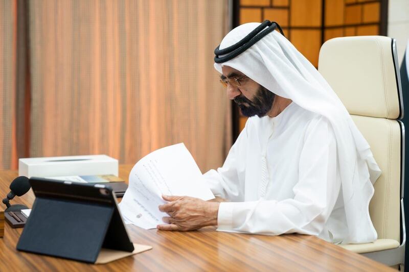 Sheikh Mohammed bin Rashid, Prime Minister and Ruler of Dubai, leads a Cabinet meeting on Sunday. Courtesy: Dubai Media Office 