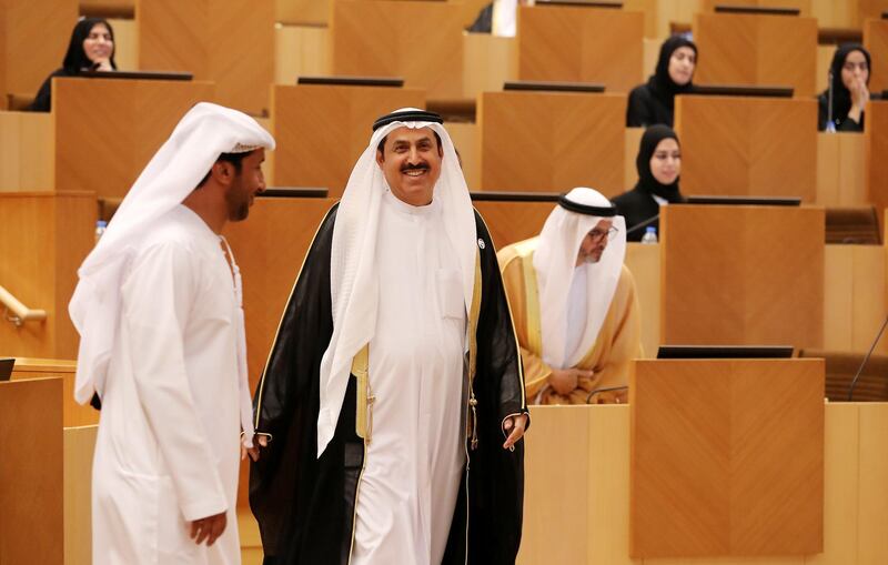 ABU DHABI , UNITED ARAB EMIRATES , Nov 14 – 2019 :-  Saqr Bin Ghubash Saeed Ghubash , new speaker ( center ) of the Federal National Council during the first meeting of the Federal National Council session held at FNC office in Abu Dhabi. ( Pawan Singh / The National )  For News. Story by Haneen