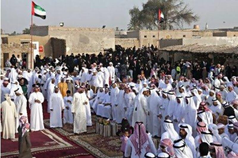 A celebration by members of the Al Zaabi tribe with Sheikh Mohammed bin Saud, Crown Prince of Ras Al Khaimah in attendance held at Jazirat Al Hamra village in Al Hamra, Ras Al Khaimah. Jeff Topping / The National