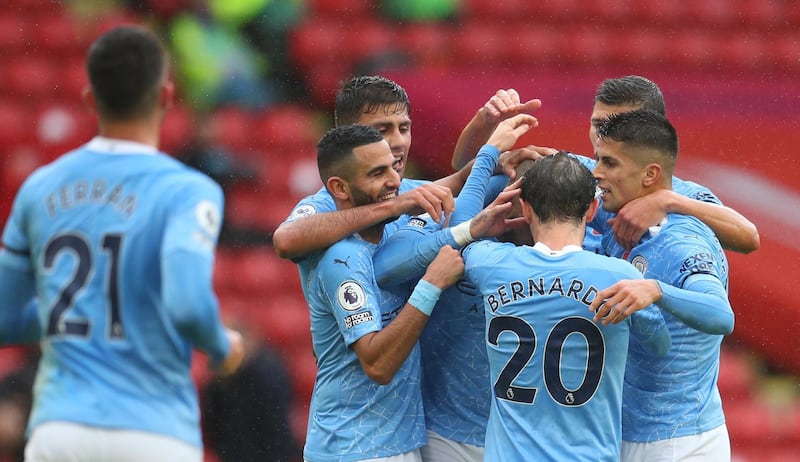 Kyle Walker of Manchester City celebrates after scoring his team's winner in their 1-0 win against Sheffield United at Bramall Lane on Saturday, October 31. EPA