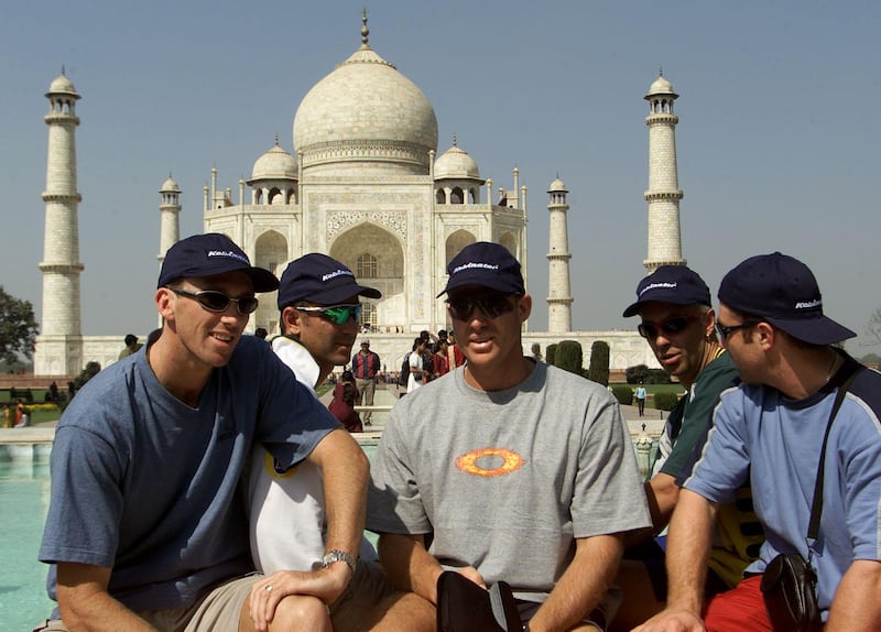 5 Mar 2001:  (L-R) Glenn McGrath, Justin Langer, Matthew Hayden, Colin Miller and Michael Slater of Australia, take in the sights at the Taj Mahal, Agra, India. X DIGITAL IMAGE  Mandatory Credit: Hamish Blair/ALLSPORT