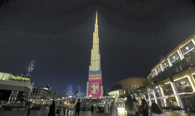 Dubai, April, 25, 2019:  Burj Khalifa lit with the Srilankan Flag in Dubai. Satish Kumar/ For the National