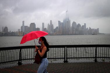 Tropical Storm Fay sweeps across the heavily populated northeastern United States and New York City as seen from Hoboken, New Jersey. Reuters