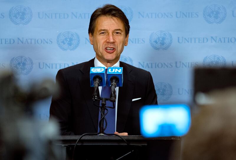 Italy's Premier Giuseppe Conte speaks with members of the news media during the 73rd session of the United Nations General Assembly, at UN headquarters. AP