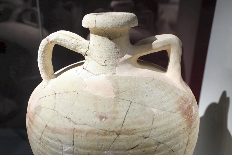 Sharjah, United Arab Emirates - July 10, 2019: Weekend's postcard section. An Amphora jar at the Mleiha Archaeological Centre. Wednesday the 10th of July 2019. Maleha, Sharjah. Chris Whiteoak / The National