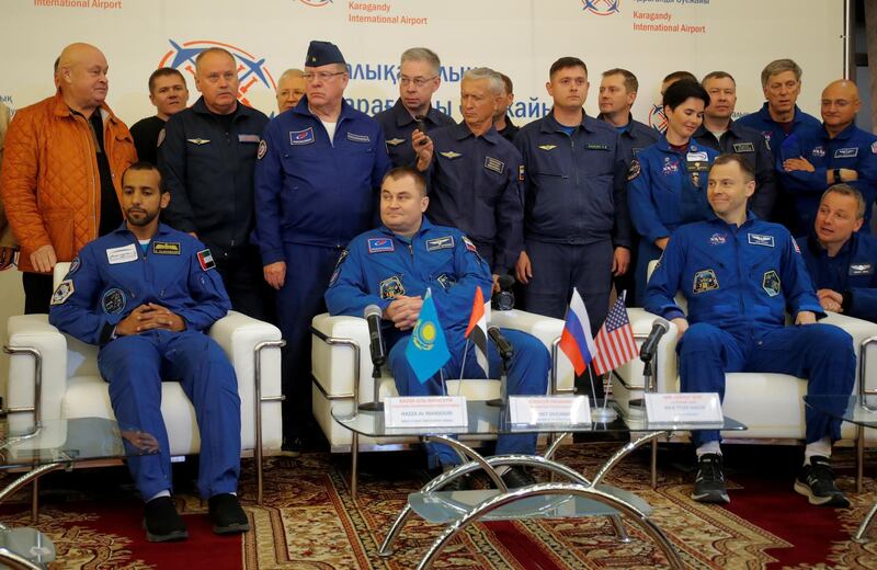 From left to right: Hazza Al Mansouri with Russian cosmonaut Alexey Ovchinin, and US astronaut Nick Hague. Reuters