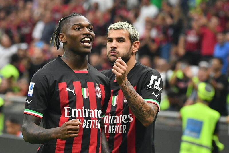 Rafael Leao celebrates scoring AC Milan's third goal during their 3-2 Serie A win against Inter Milan at the San Siro on September 3, 2022.  AFP