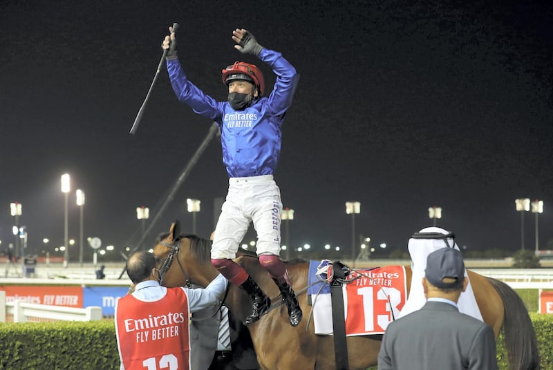Dubai, United Arab Emirates - Reporter: Amith Passela. Sport. Horse Racing. Final Song ridden by Frankie Dettori wins the Nad Al Sheba Turf Sprint on Super Saturday at Meydan. Dubai. Saturday, March 6th, 2021. Chris Whiteoak / The National