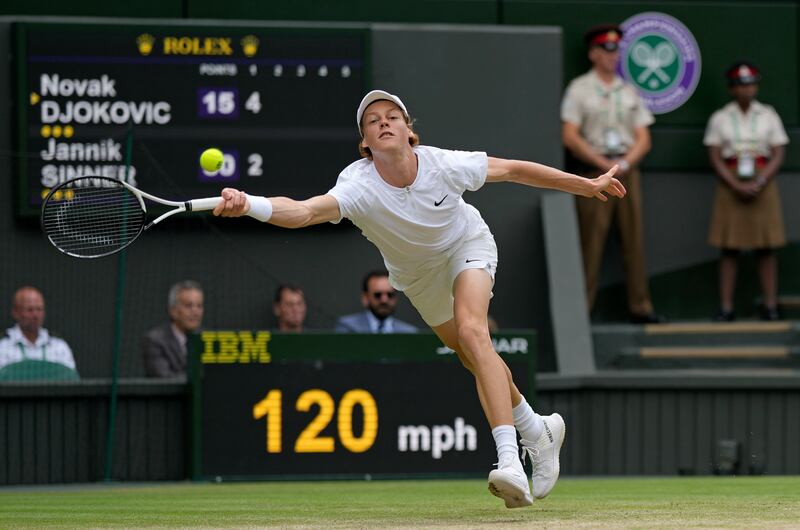 Jannik Sinner returns to Novak Djokovic. AP 