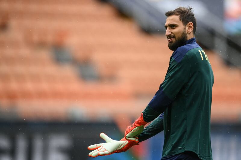 Italy's goalkeeper Gianluigi Donnarumma during training on Tuesday. AFP