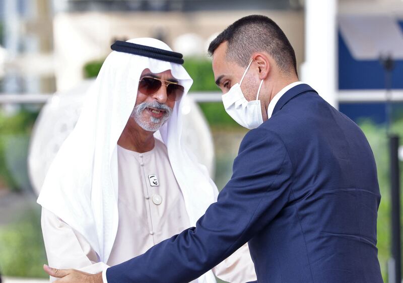 Italian Foreign Minister Luigi Di Maio and UAE Minister of Tolerance and Coexistence Sheikh Nahyan bin Mubarak at the Al Wasl Plaza at Expo 2020 Dubai. AFP