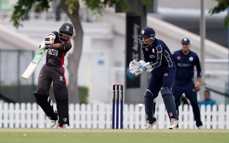 DUBAI, UNITED ARAB EMIRATES , Dec 15– 2019 :- Figy John of UAE playing a shot during the World Cup League 2 cricket match between UAE vs Scotland held at ICC academy in Dubai. UAE won the match by 7 wickets. ( Pawan Singh / The National )  For Sports. Story by Paul