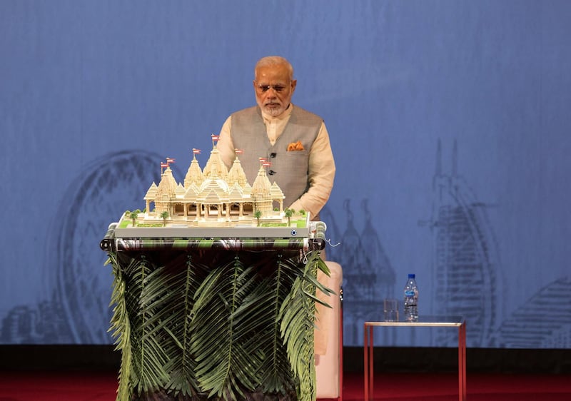 Narendra Modi, prime minister of India, unveils a model of the Middle East's first traditional Hindu stone temple in Abu Dhabi. Courtesy: BAPS Swaminarayan Sanstha