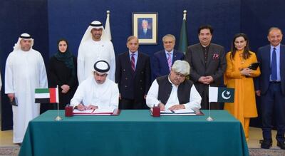 Dr Al Jaber and Mr Sharif witnessed the signing of an agreement between the UAE’s Ministry of Energy and Infrastructure and Pakistan's government to co-operate on development and investments in renewable energy projects in Pakistan. Wam