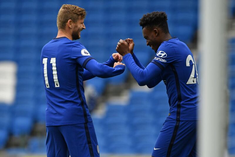 Chelsea's Timo Werner, left, celebrates with Callum Hudson-Odoi after scoring against Brighton. AFP