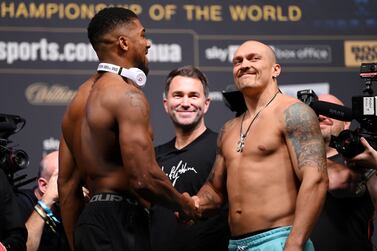 LONDON, ENGLAND - SEPTEMBER 24: Anthony Joshua and Oleksandr Usyk shake hands ahead of the Heavyweight Fight between Anthony Joshua v Oleksandr Usyk at Cineworld 02 Arena on September 24, 2021 in London, England. (Photo by Justin Setterfield / Getty Images)