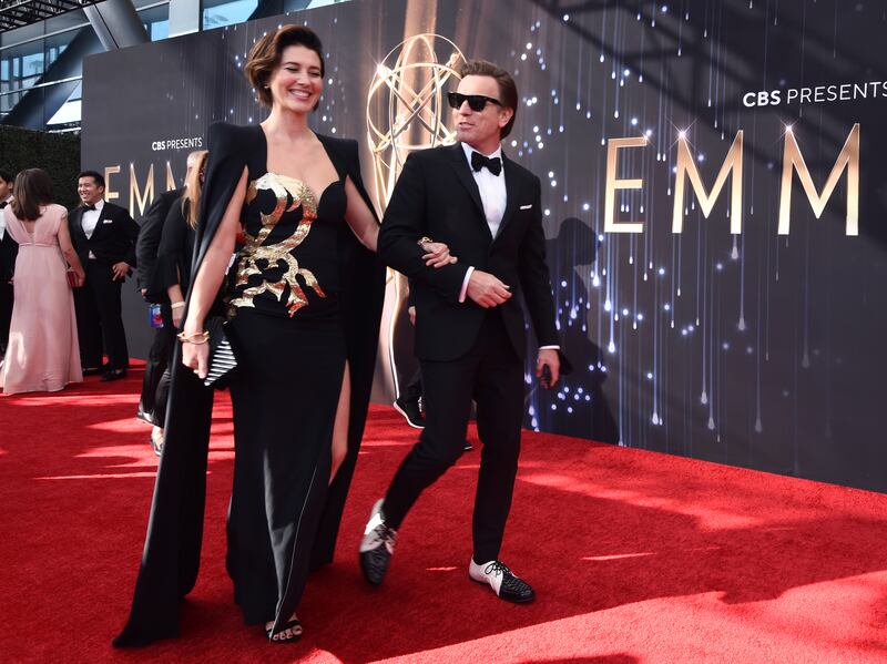 Mary Elizabeth Winstead, in Zuhair Murad, and Ewan McGregor arrive at the 73rd Primetime Emmy Awards. AP