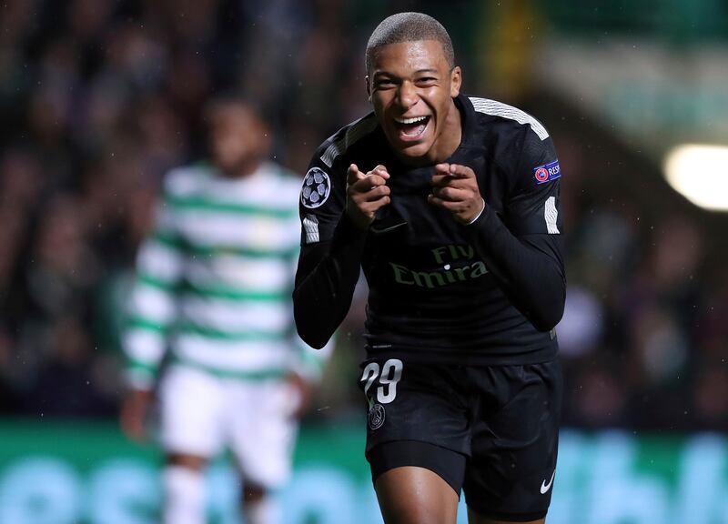Kylian Mbappe celebrates scoring for PSG against Celtic in Glasgow in the Champions League group stage in 2017. AP