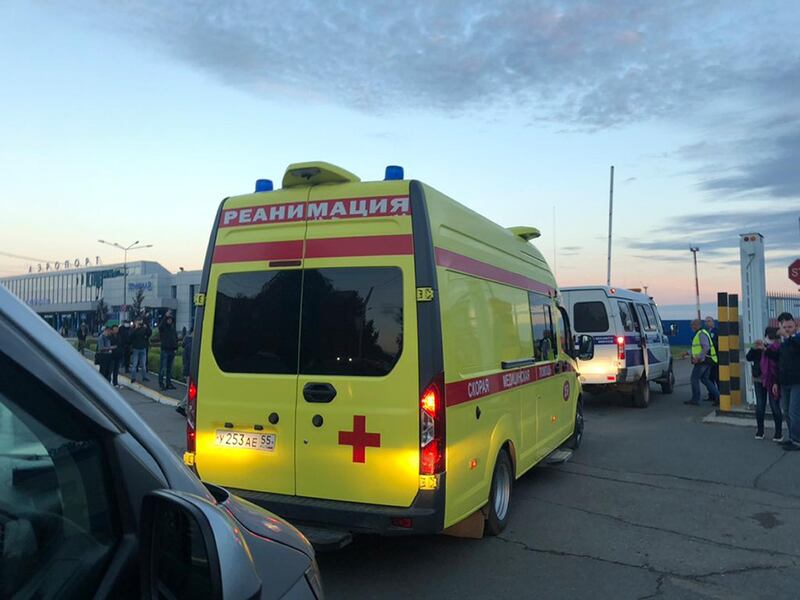 An ambulance carrying Alexei Navalny from the Omsk Ambulance Hospital No. 1, intensive care unit to the airport. Alexei Navalny's press team via AP