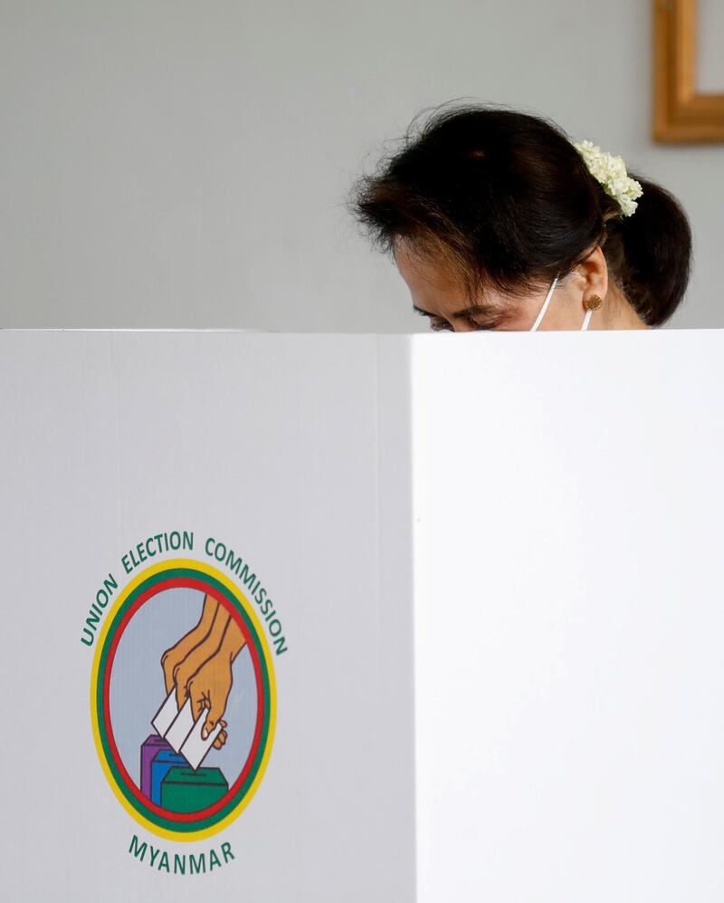 Myanmar State Counselor Aung San Suu Kyi casts an advance vote in Naypyitaw. Reuters