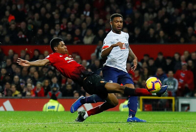 Manchester United striker Marcus Rashford, left, in action against Bournemouth's Jordon Ibe at Old Trafford on Sunday. Reuters