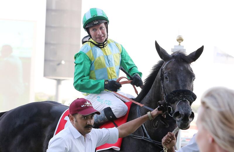 DUBAI , UNITED ARAB EMIRATES , Mar 7 – 2020 :- Tadhg O’Shea  (no 10) guides Wafy  (IRE)  to win the 2nd horse race Mahab Al Shimaal, 1200m Dirt during the Super Saturday meeting at the Meydan Racecourse in Dubai. Super Saturday is the dress rehearsal for the Dubai World Cup. ( Pawan Singh / The National ) For Sports. Story by Amith