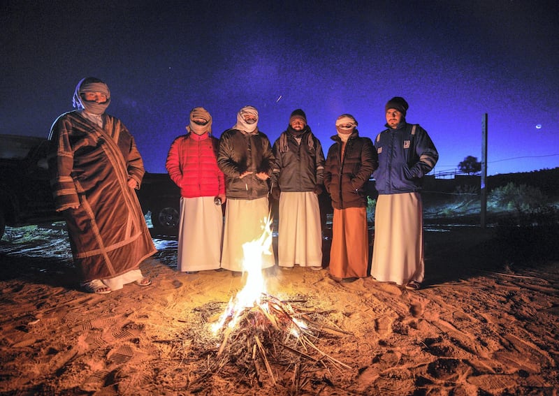 Rukna Region, Al Ain, United Arab Emirates, January 11, 2021. Al Ain residents, drove to the Rukna region to experience the  low temperatures of the area which went down to -4 degrees Celsius  at one point.                     
Victor Besa/The National
Section:  NA
Reporter:  Haneen Dajani