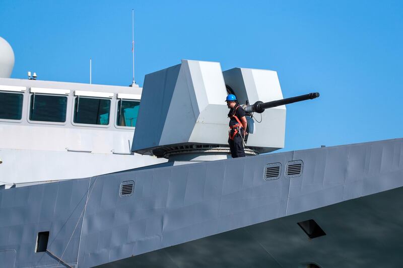 Abu Dhabi, U.A.E., February 14, 2019.  European Multi-Mission Frigate (FREMM), Carlo Margottini has docked at the Abu Dhabi Port with Commander Marco Guerriero.  --The OTO Melara 76mm gun.
Victor Besa/The National
Section:  NA
Reporter:  Charlie Mitchell