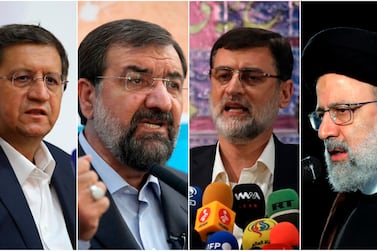  Iranian presidential elections from left to right; Abdolnasser Hemmati, Mohsen Rezaei, Amir Hossein Ghazizadeh Hashemi and Ebrahim Raisi. AP
