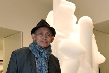 David Medalla with his work 'Cloud Canyons', which won the inaugural Hepworth Prize for Sculpture. 