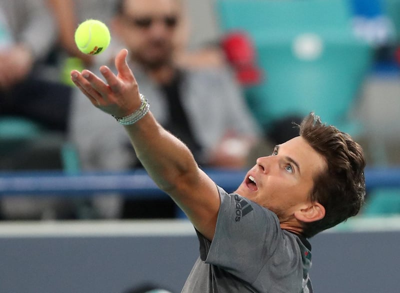 Austria's Dominic Thiem in action during the third place match against Russia's Karen Khachanov at the Mubadala World Tennis Championship in Abu Dhabi on Saturday. Reuters