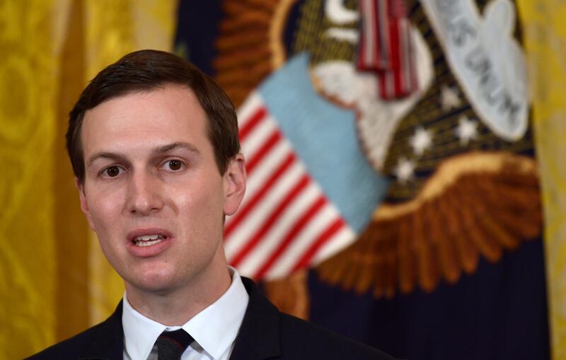 FILE - In this May 18, 2018 file photo, White House adviser Jared Kushner speaks in the East Room of the White House in Washington. On their current Mideast tour, senior Trump administration officials Kushner and envoy Jason Greenblatt are getting a close-up view of towering obstacles to their yet-to-be-released blueprint for an Israeli-Palestinian peace deal. They met Tuesday, June 19, 2018 with Jordan's King Abdullah II, acknowledging the talks only after the fact, and are expected in Israel toward the end of the week. (AP Photo/Susan Walsh, File)