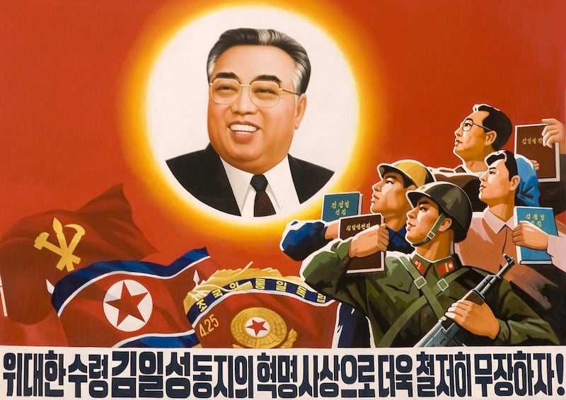 NORTH KOREA - 2008:  Propaganda Poster With Kim Il Sung in North Korea - A very famous poster that can be seen everywhere around the country with former President Kim Il Sung, aka the Eternal Sun. As the leader of North Korea from its founding in early 1948 until his death, when he was succeeded by his son Kim Jong-il. He was also the General Secretary of the Workers Party of Korea. He is designated in the constitution as the country's Eternal President.  (Photo by Eric LAFFORGUE/Gamma-Rapho via Getty Images)