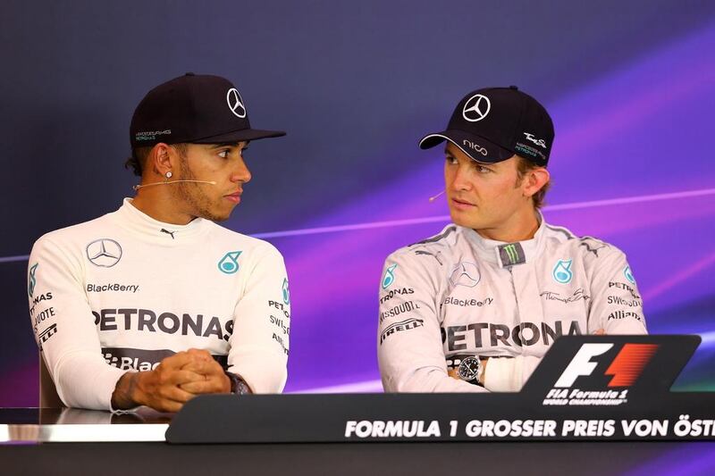 Lewis Hamilton, left, is second in the Formula One driver standings to his Mercedes teammate Nico Rosberg, right. Mathias Kniepeiss / Getty Images