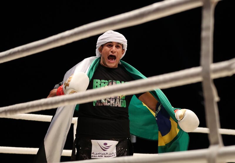 Bruno Machado enters the ring for his fight against Anderson Silva during the Abu Dhabi Unity Boxing event at the Etihad Arena in Abu Dhabi. All images Chris Whiteoak / The National