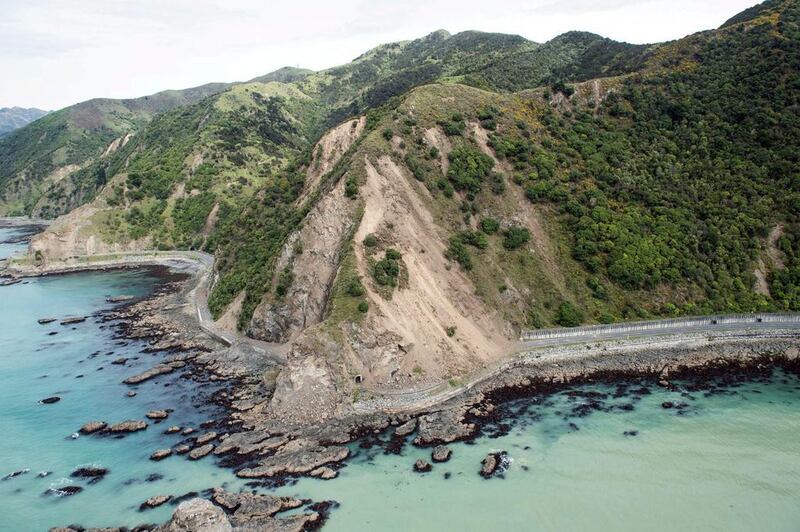 Landslides block State Highway One near Kaikoura. Courtesy of Royal New Zealand Defence Force / Handout via Reuters