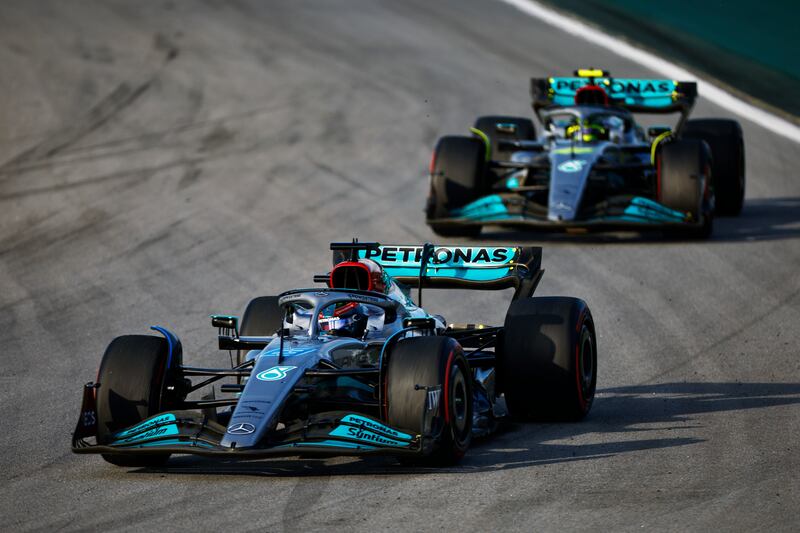 Mercedes drivers George Russell and Lewis Hamilton during the sprint race. Getty