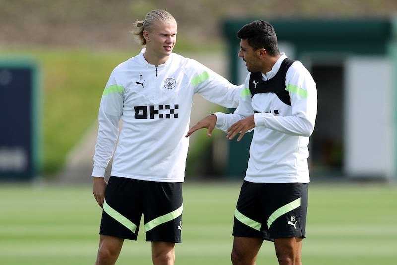 Erling Haaland and Rodrigo of Manchester City at training. Getty 