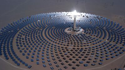 This photo taken on September 2, 2018 shows a view of the 100-megawatt molten salt solar thermal power plant in Dunhuang in China's northwestern Gansu province. (Photo by STR / AFP) / China OUT