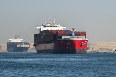 A ship transits the Suez Canal towards the Red Sea in Ismailia, Egypt. Getty Images