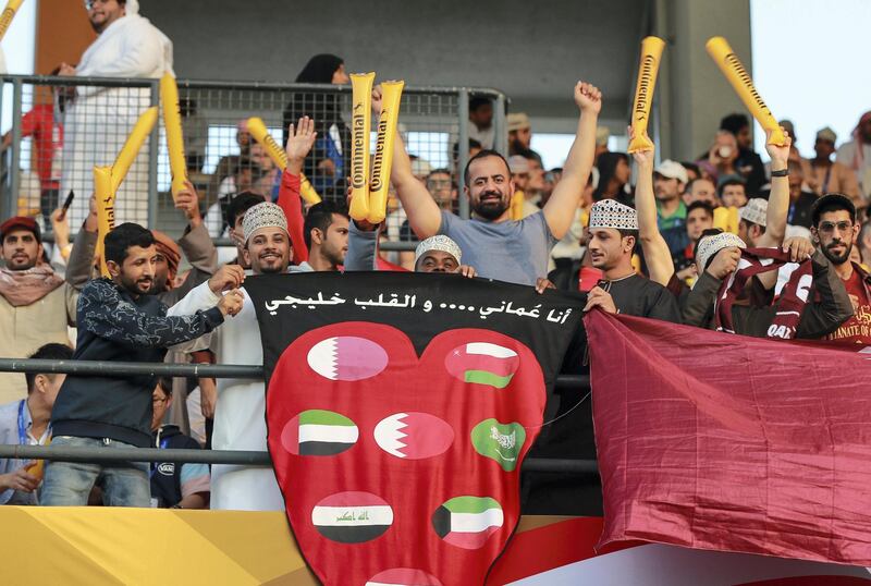 Abu Dhabi, U.A.E., February 1, 2019.  Asian Cup Final - Japan v Qatar at Zayed Sports City Stadium, Abu Dhabi.  -- Football fans during the final match between the Japan and Qatar in the Asian Cup 2019 at Zayed Sports City Stadium, Abu Dhabi.  Victor Besa/The National

Section:  NA
Reporter: