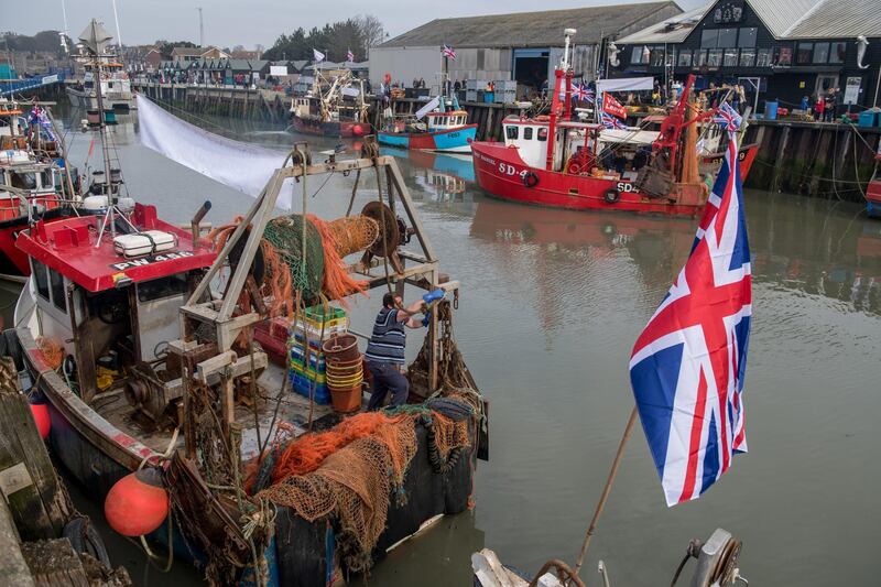 WHITSTABLE, ENGLAND - APRIL 8:  Fishermen prepare to leave Whitstable harbour as they take part in a nationwide protest against the Brexit transition deal on April 8, 2018 in Whitstable, England. The group Fishing For Leave organised the protests with fishermen in ports nationwide making their opposition known to the Brexit Transition deal and in particular the Common Fisheries Policy which would remain in force if the Brexit Transition deal goes ahead. Around 200 vessels mobilised in flotillas around the country including Newcastle Upon Tyne, Whitstable, Hastings, Portsmouth, Milford Haven and Plymouth. In a referendum held on June 23, 2016 the majority of the United Kingdom electorate voted to leave the European Union.  (Photo by Chris J Ratcliffe/Getty Images)