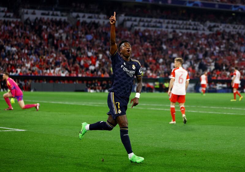 Vinicius Junior celebrates after opening the scoring for Real Madrid against Bayern. Reuters