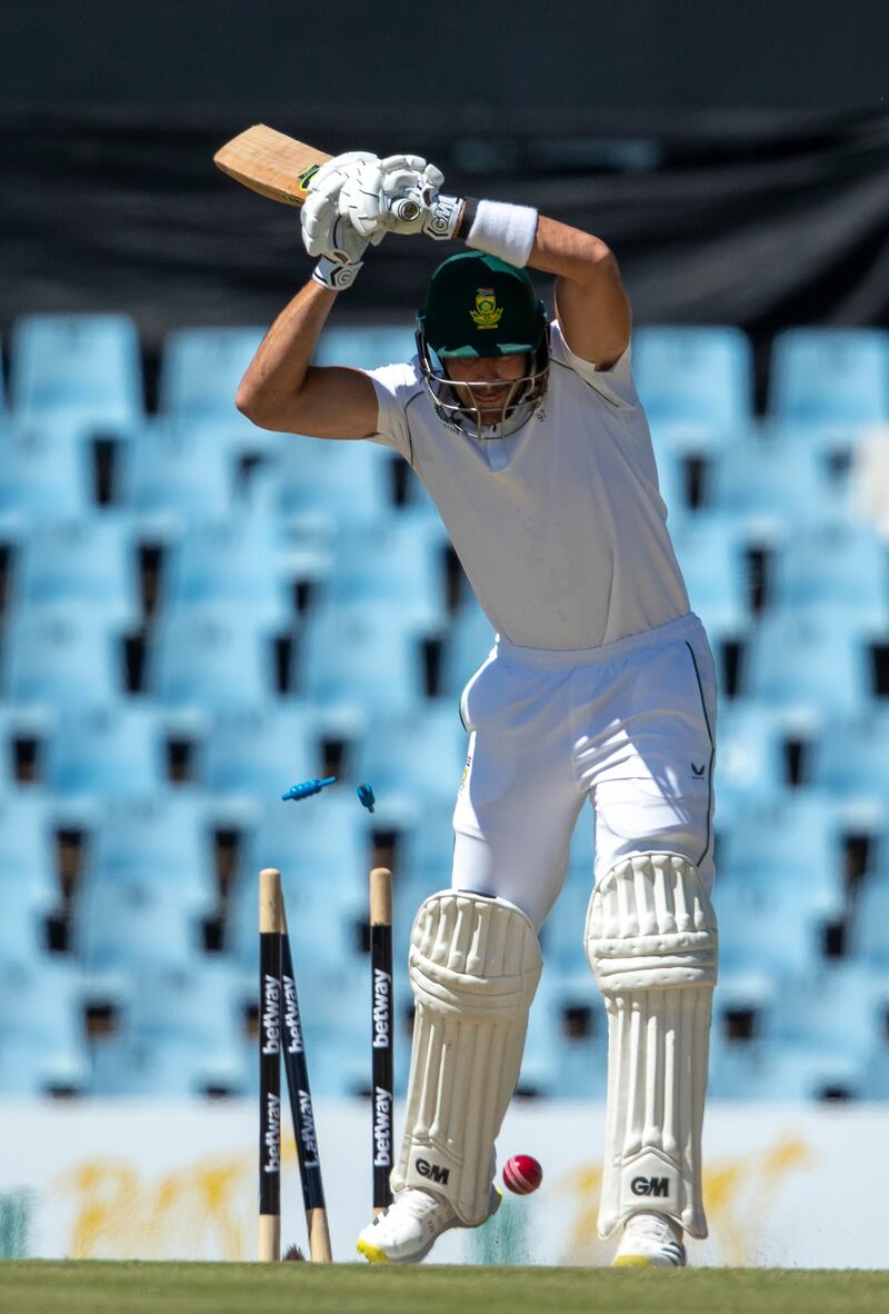 South Africa opener Aiden Markram is bowled by India's Mohammed Shami for one. AP